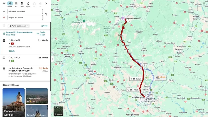 Carte du trajet en train entre Bucarest et Brașov en Roumanie