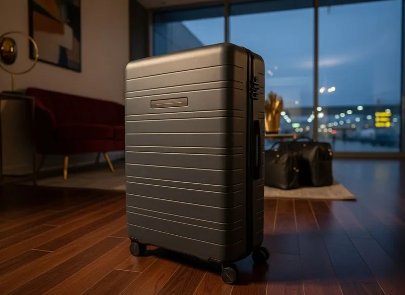Valise Horizn posée sur un sol en bois dans un salon design avec canapé rouge et lumière tamisée.