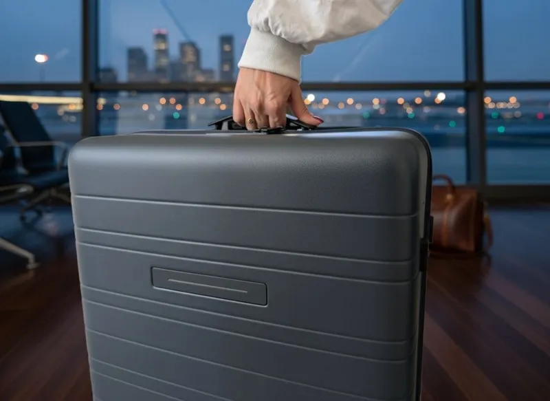 Valise Horizn posée sur un sol en bois dans un salon design avec canapé rouge et lumière tamisée.