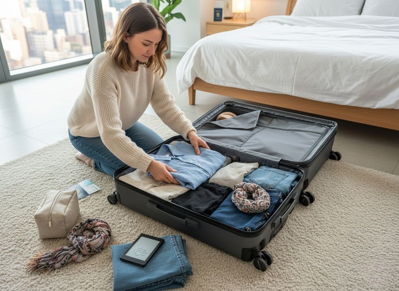 Femme préparant sa valise Horizn sur un tapis clair, entourée de vêtements et d’accessoires de voyage.
