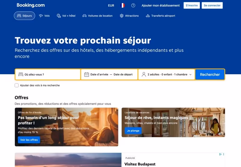 Page d’accueil de Booking.com affichant la recherche d’hôtels et séjours.