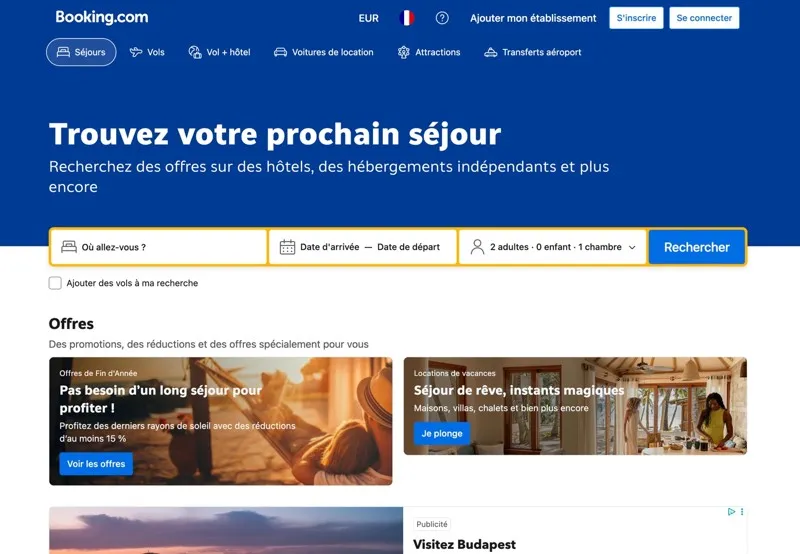 Page d’accueil de Booking.com affichant la recherche d’hôtels et séjours.