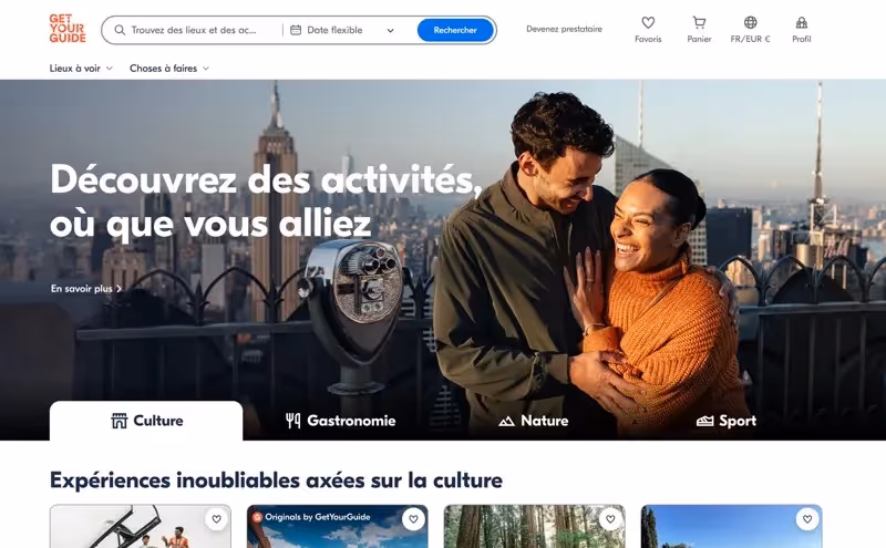 Page d’accueil de GetYourGuide présentant des activités touristiques à réserver.