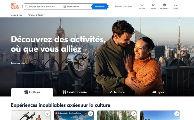 Page d’accueil de GetYourGuide présentant des activités touristiques à réserver.