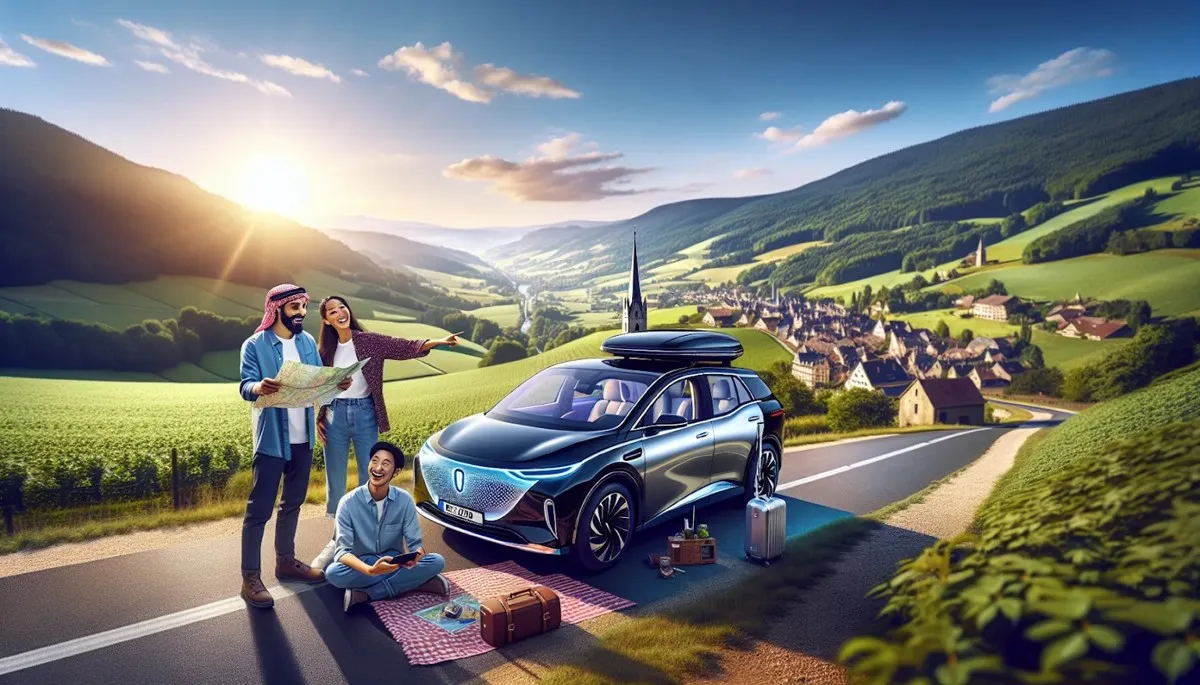 Groupe d’amis profitant d’un road trip en voiture électrique avec vue sur la campagne et un village au loin.