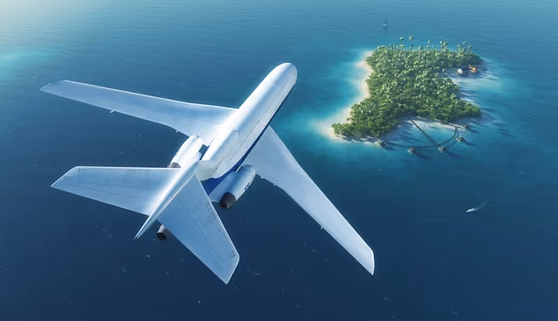 Avion survolant une île tropicale, illustration de l’utilisation d’un VPN pour comparer les prix des billets d’avion selon les pays.
