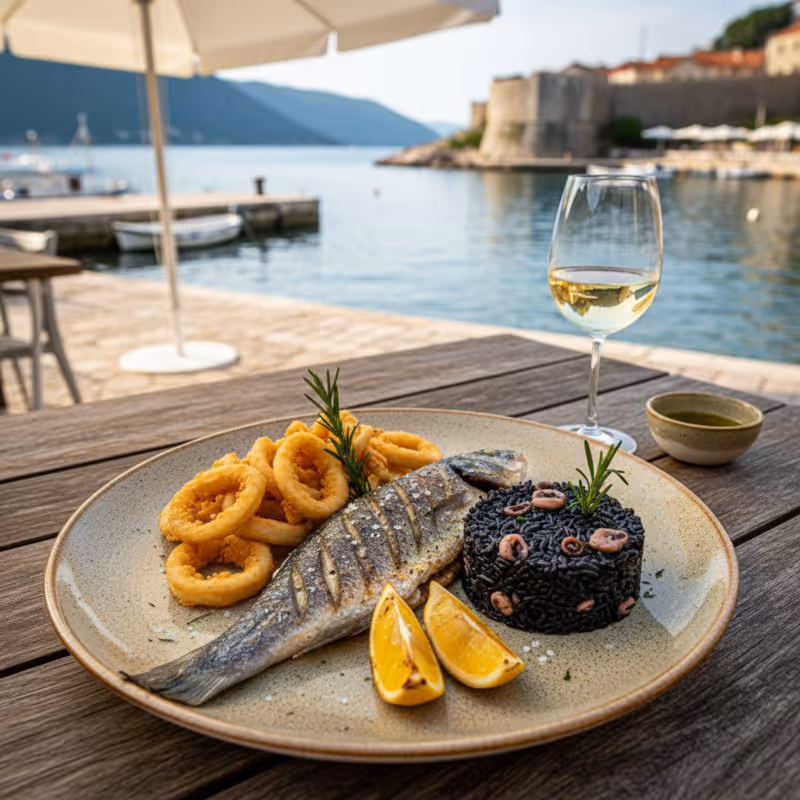 Plat de poisson grillé et calamars frits servis en terrasse avec vue sur la baie de Kotor au Monténégro