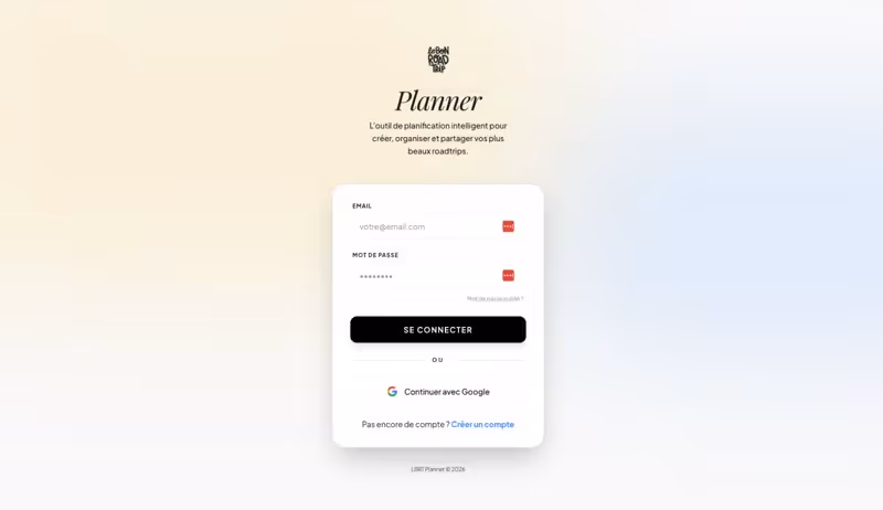 Page de connexion du LBRT Planner, application de planification d’itinéraires de Le Bon Road Trip