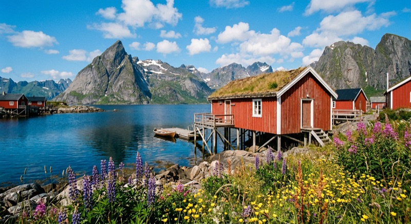 Cabanes de pêcheurs rouges (rorbu) face aux montagnes escarpées des îles Lofoten en été.