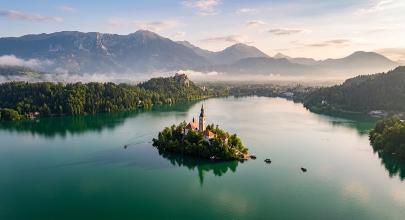 Vue aérienne du lac de Bled en Slovénie avec son île et son église au lever du soleil.