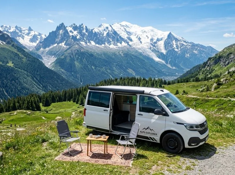 Van aménagé stationné face au Mont-Blanc dans les Alpes, avec table et chaises de camping installées