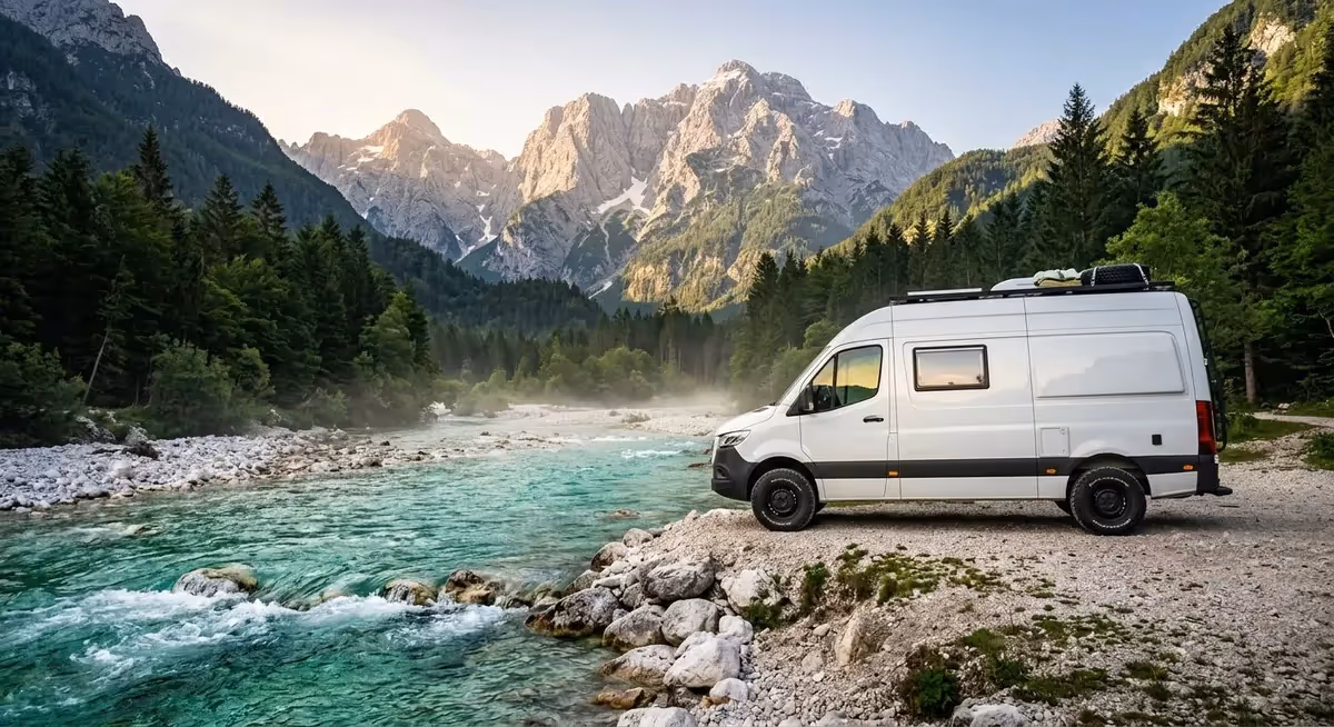 Van aménagé garé au bord de la rivière Soča aux eaux turquoise avec les sommets des Alpes juliennes en arrière-plan, road trip en Slovénie