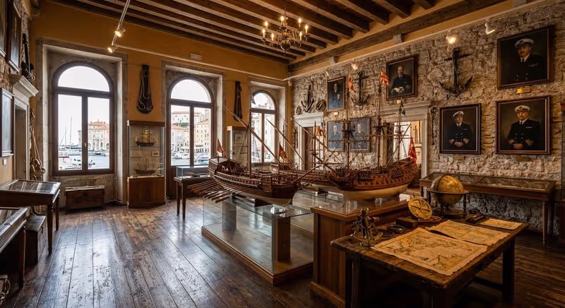 Intérieur du musée maritime Sergej Mašera de Piran avec maquettes de voiliers, cartes anciennes et portraits de capitaines