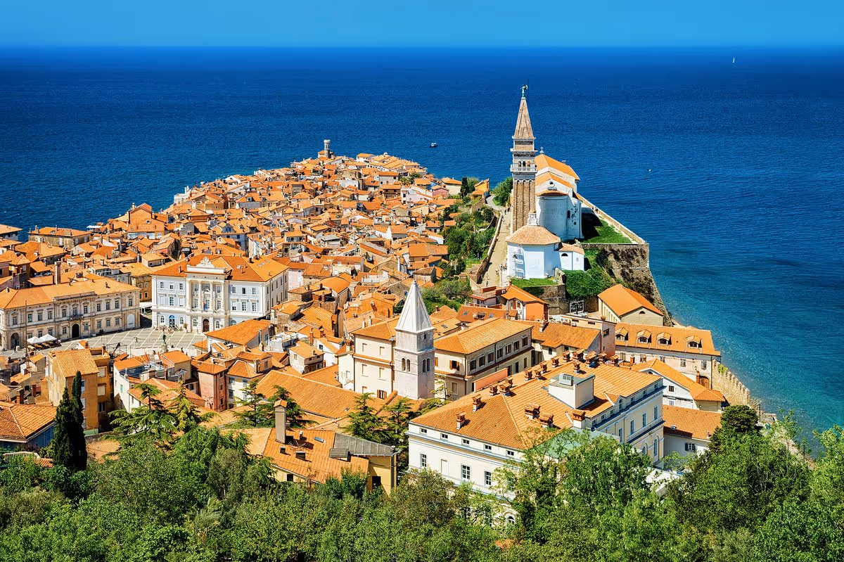 Vue aérienne de Piran et sa presqu'île aux toits orangés entourée par la mer Adriatique, avec l'église Saint-Georges au sommet