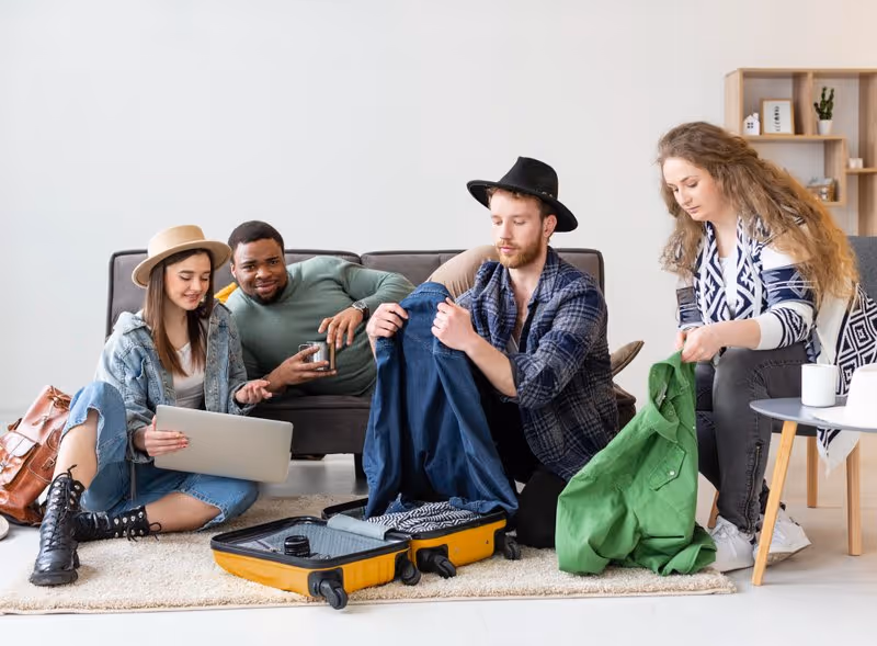 Groupe de quatre amis en train de préparer leurs valises et accessoires de voyage pour un road trip