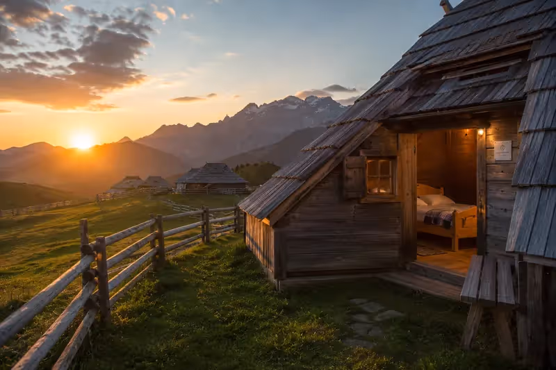 Chalet traditionnel à Velika Planina en Slovénie au coucher du soleil avec vue sur les montagnes alpines.