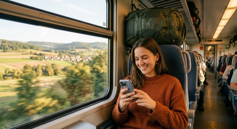 Voyageur consultant l'application Rail Planner sur son téléphone dans un train européen pour planifier son itinéraire avec le pass Interrail