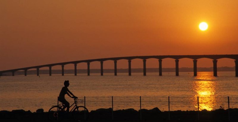 Cycliste en silhouette au coucher de soleil face au pont de l'île de Ré, ciel orangé et reflets sur l'eau