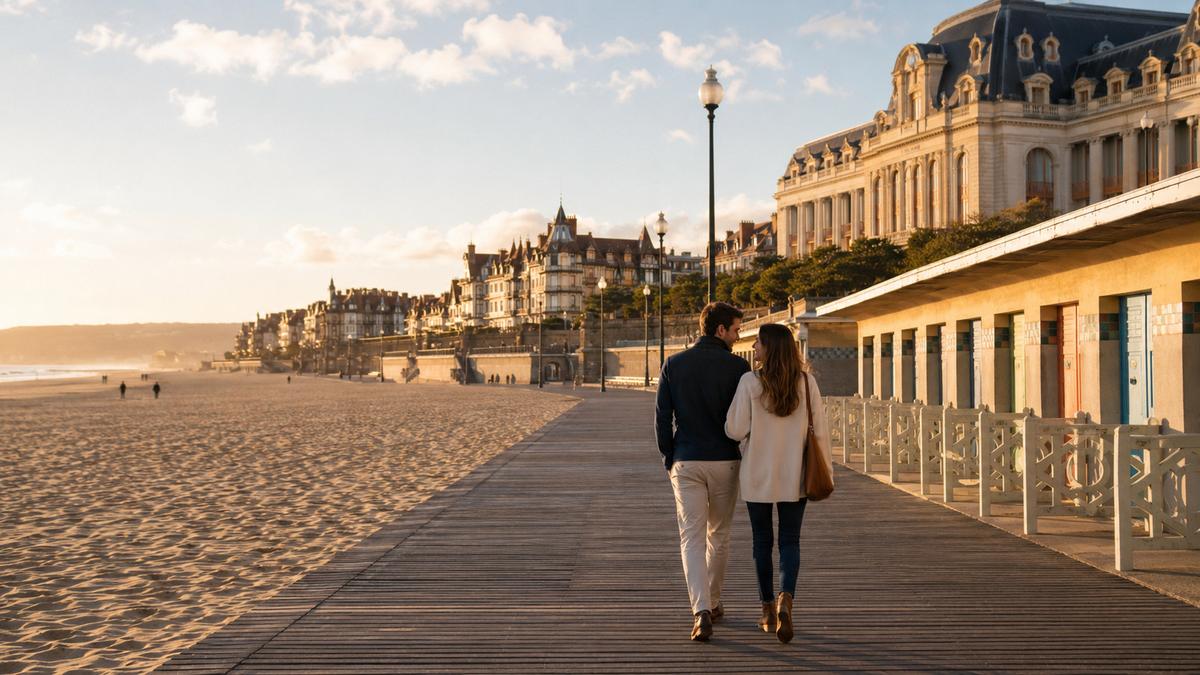 Couple se promenant sur les Planches de Deauville au coucher du soleil, face à la mer et aux villas balnéaires