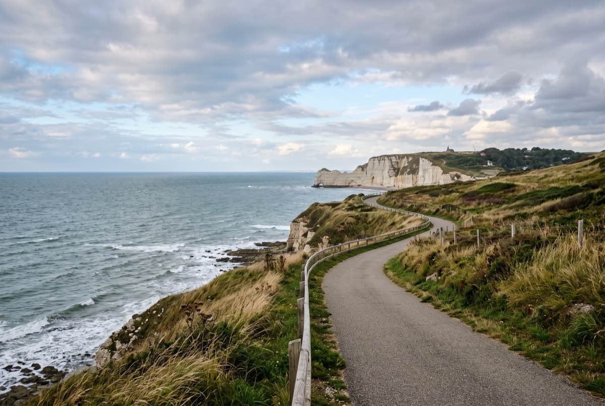 Piste cyclable de la Vélomaritime longeant les falaises blanches de la Manche près d'Étretat