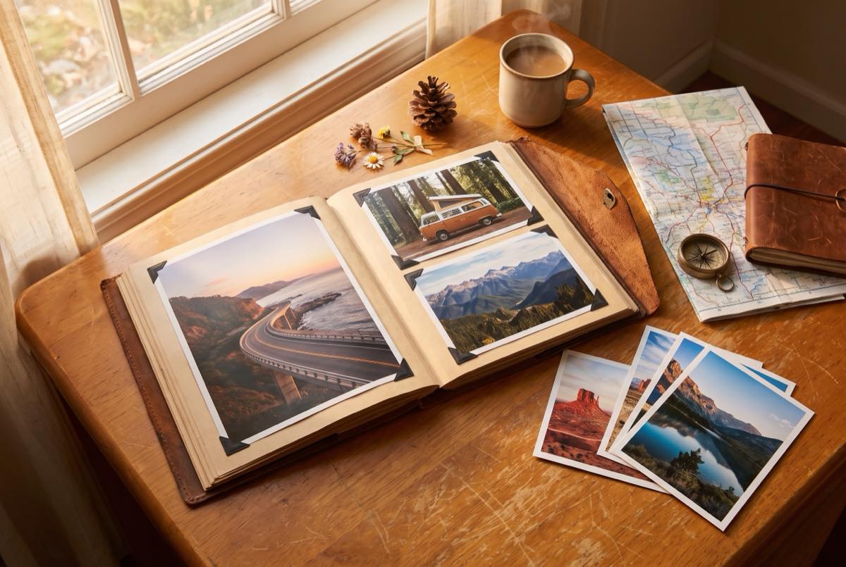 Album photo ouvert présentant des tirages d'un road trip sur une table en bois, à côté d'une carte routière dépliée