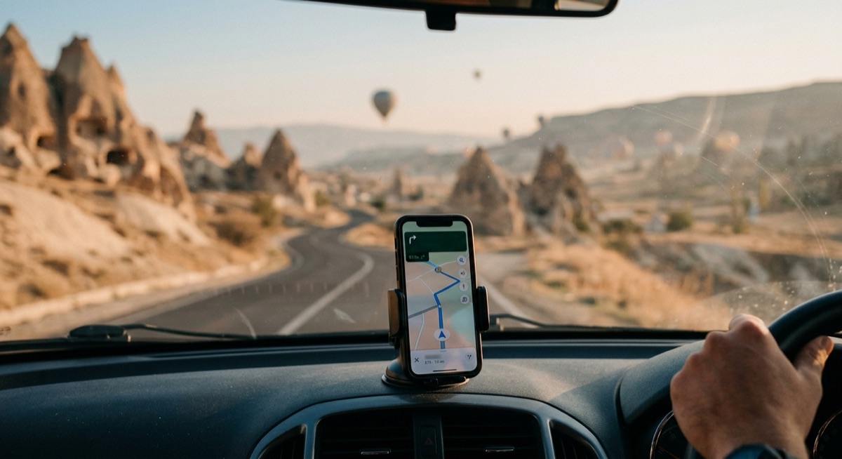 Smartphone fixé sur le tableau de bord d'une voiture affichant un GPS de navigation, sur une route de Cappadoce en Turquie entourée de cheminées de fées, montgolfières au loin au lever du soleil.