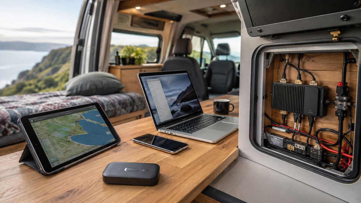 Routeur 4G de poche, tablette de navigation et ordinateur portable sur une table de van, avec boîtier électrique fixe en arrière-plan