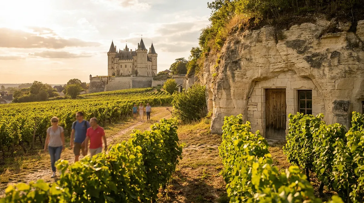 Château de Saumur entouré de vignobles et d’habitations troglodytiques dans le Saumurois.