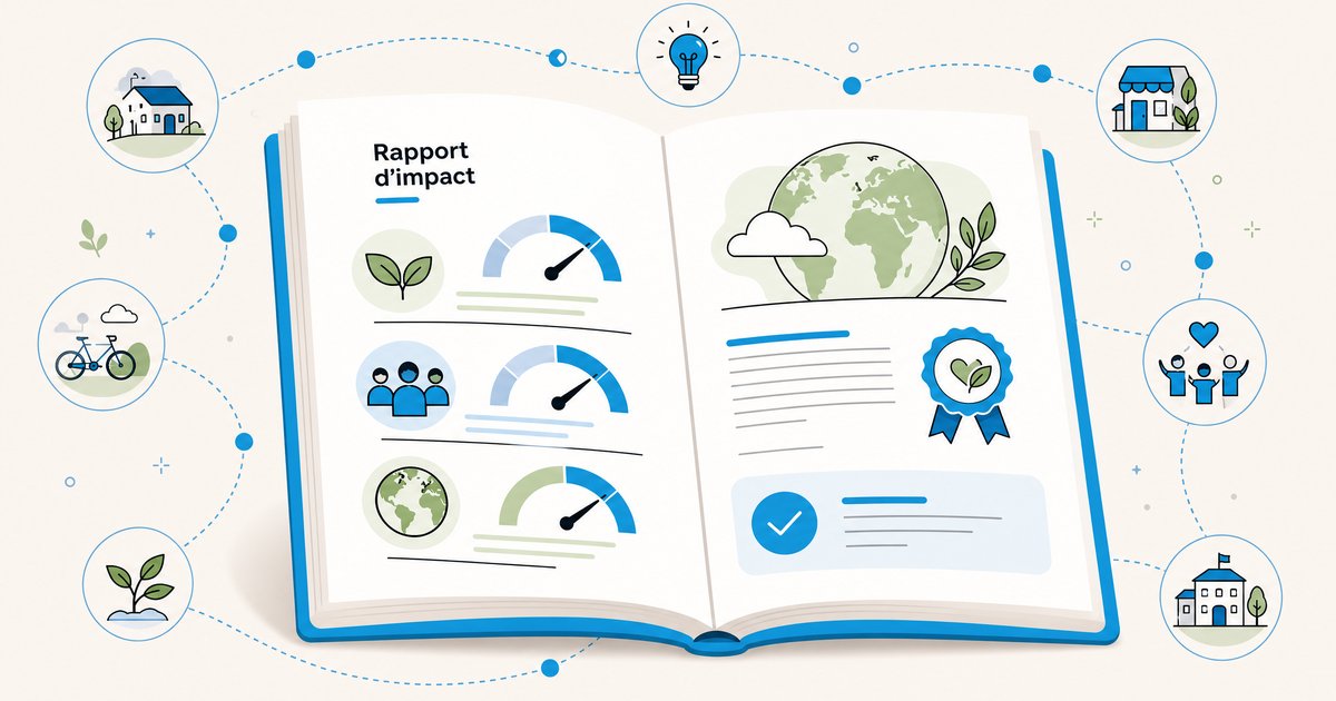 Illustration d'un rapport d'impact Ulule ouvert, avec des jauges et pictogrammes symbolisant l'environnement, la communauté et la planète