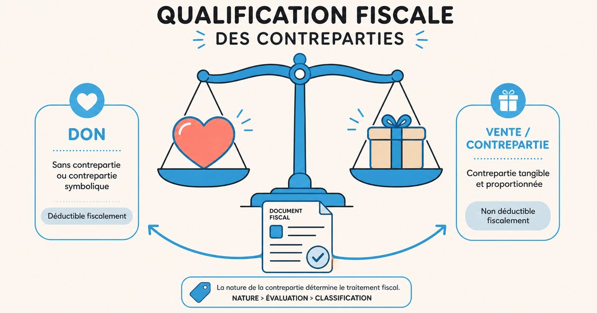Illustration pédagogique montrant une balance entre un cœur représentant le don et un cadeau représentant la vente ou contrepartie