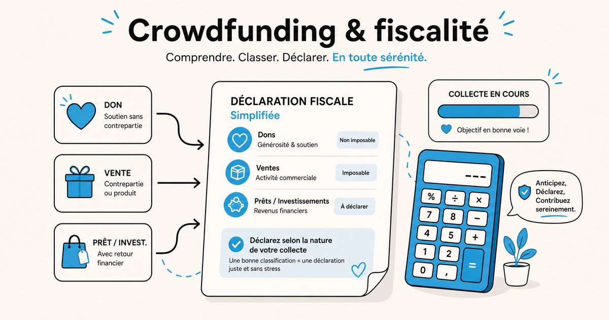 Illustration synthétique et rassurante sur la fiscalité du crowdfunding, avec document fiscal, calculatrice et icônes de classification