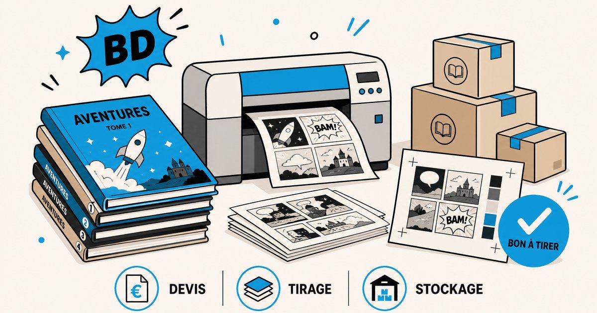 Illustration éditoriale montrant le processus d'impression de BD, avec des albums, une imprimante, des cartons et des pictogrammes