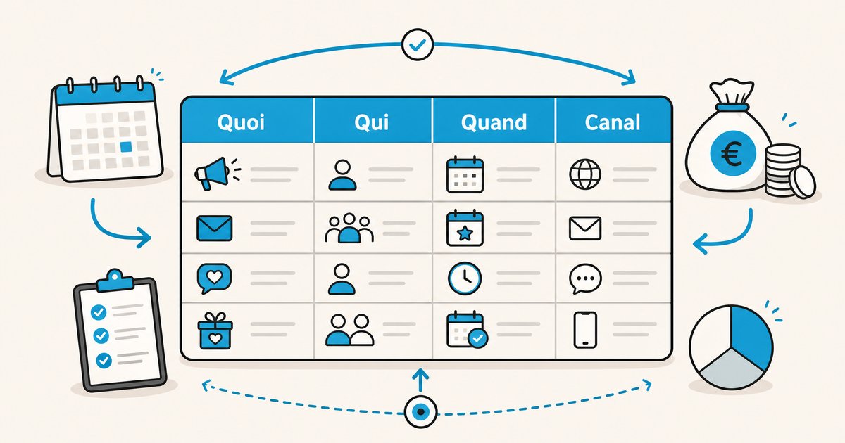 Illustration d'un plan de communication structuré avec tableau, calendrier, budget et flèches de coordination