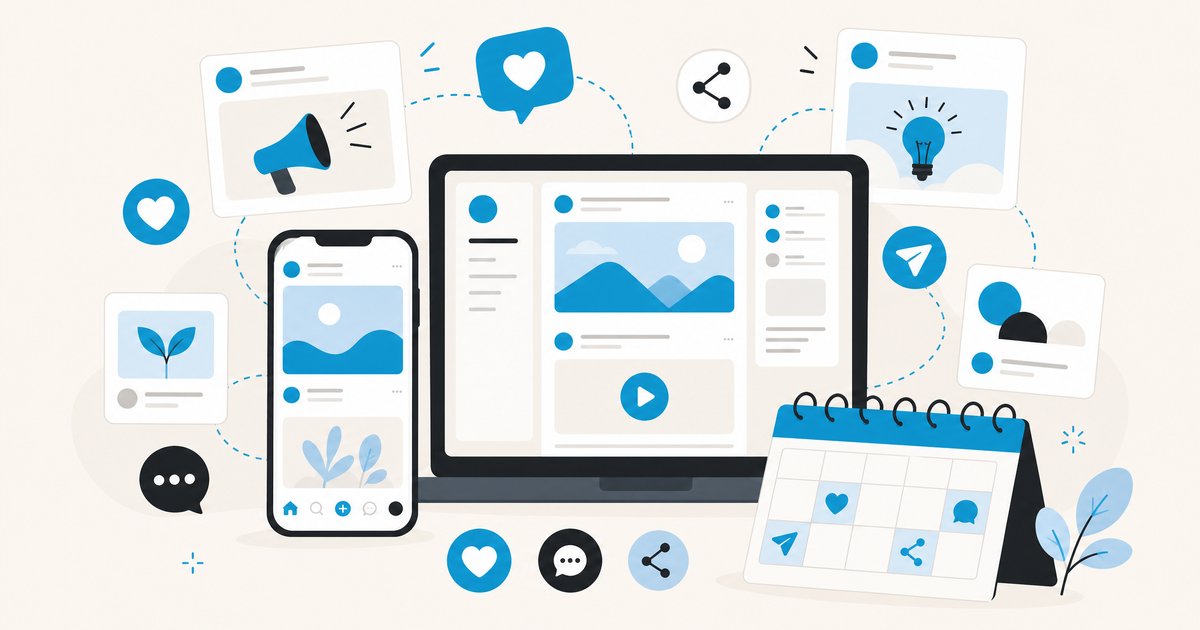 Illustration de communication multicanal avec téléphone, ordinateur, calendrier et icônes sociales