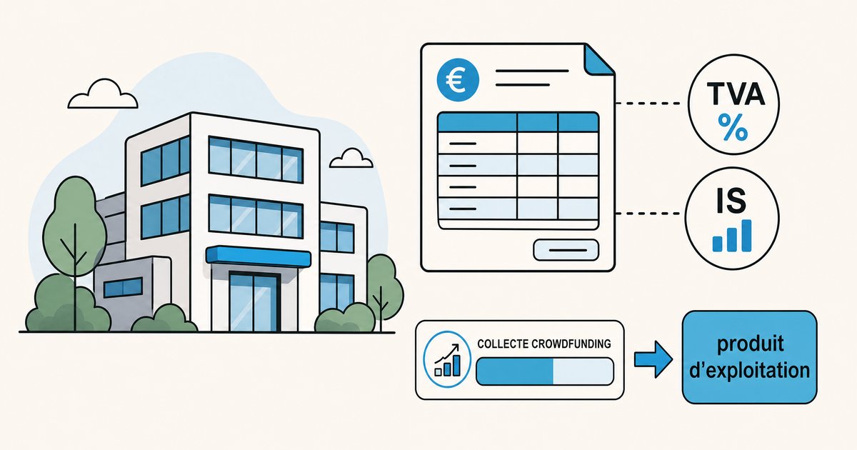 Illustration représentant la fiscalité et la comptabilité du crowdfunding pour les sociétés commerciales, avec un bâtiment stylisé