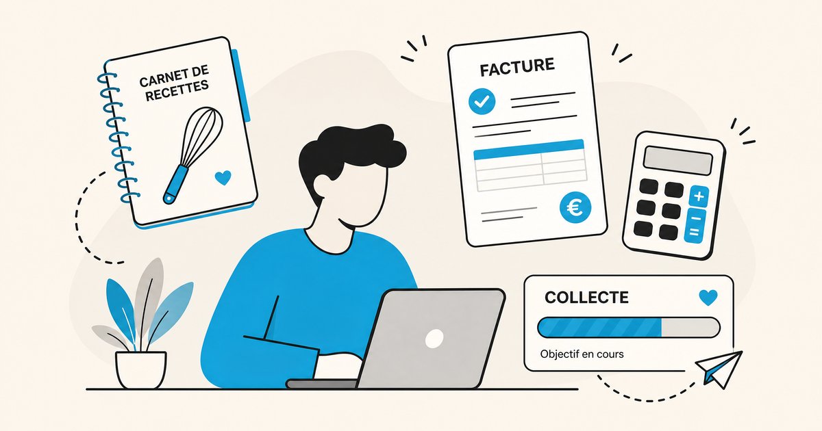 Illustration représentant un auto-entrepreneur gérant sa comptabilité et sa fiscalité, avec des éléments de crowdfunding