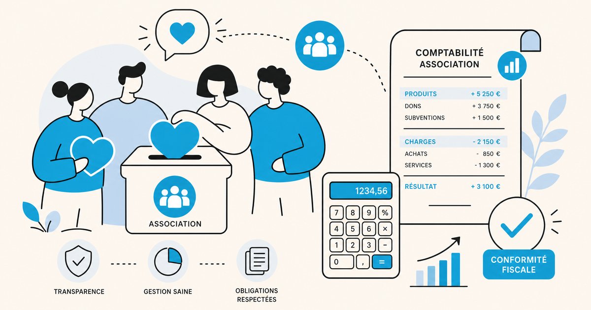 Illustration de la fiscalité et comptabilité associative avec des avatars, une boîte de dons, une calculatrice et un document comptable