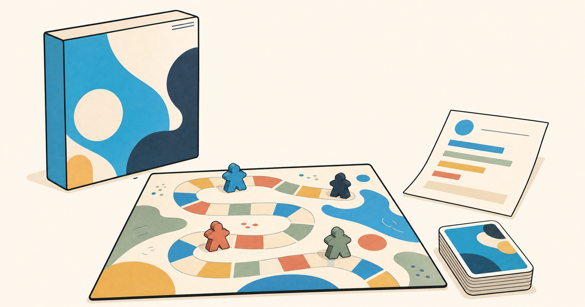 Illustration d’un budget de jeu de société avec boîte, cartes, pions et postes de fabrication.