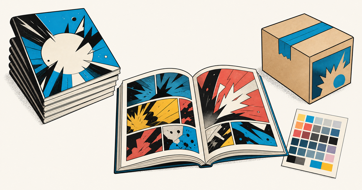 Illustration d’un budget de comics autoédité avec planches, impression couleur et expédition.