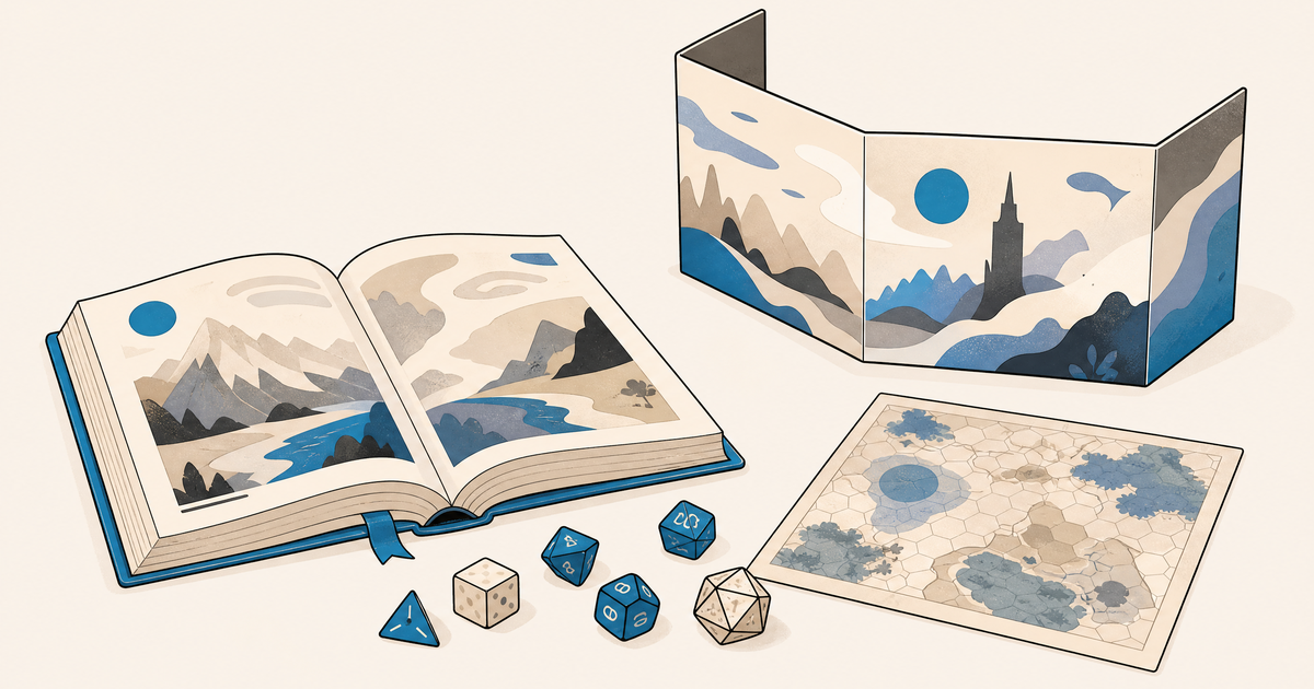 Illustration d’un budget de jeu de rôle avec livre de règles, dés et impression.