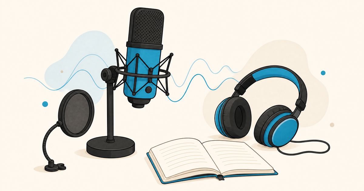 Illustration d’un budget de livre audio avec micro, casque, livre, piste sonore et postes de financement