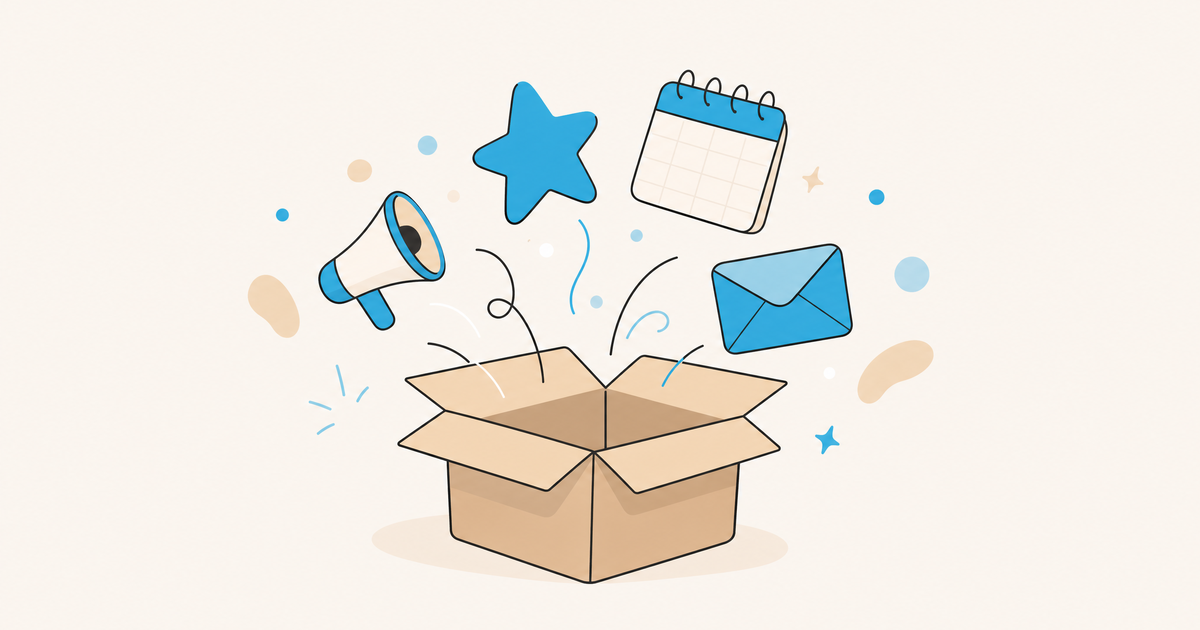 Illustration d’un carton ouvert rempli de cartes, d’une enveloppe et d’icônes de bons plans.