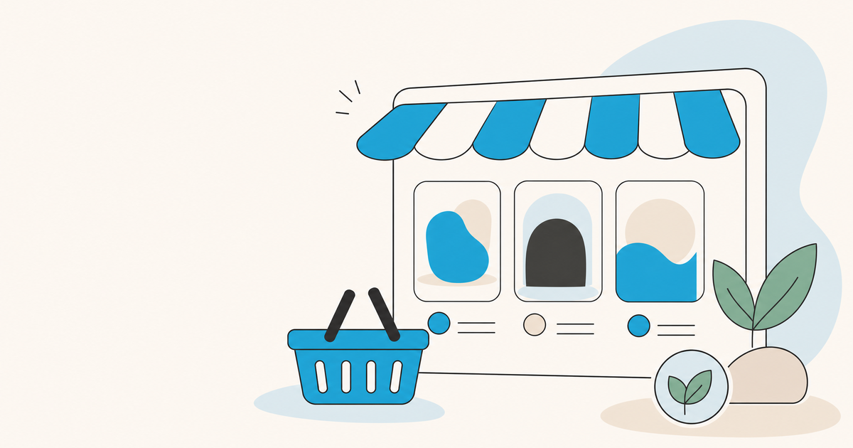 Illustration d’une boutique en ligne abstraite avec cartes produits génériques, panier et symbole d’engagement responsable.