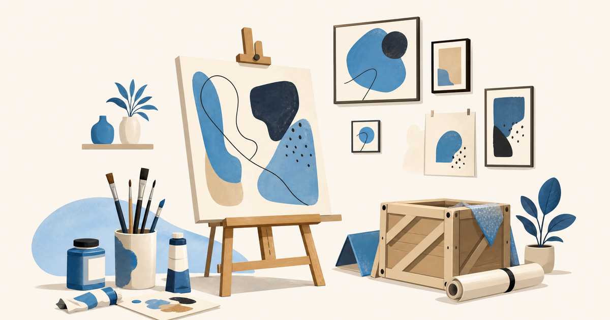 Illustration d’un budget d’art contemporain avec catalogue, œuvre encadrée et postes de production