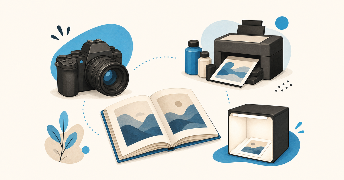 Illustration d’un budget de photographie avec appareil photo, tirages, livre photo et expéditions