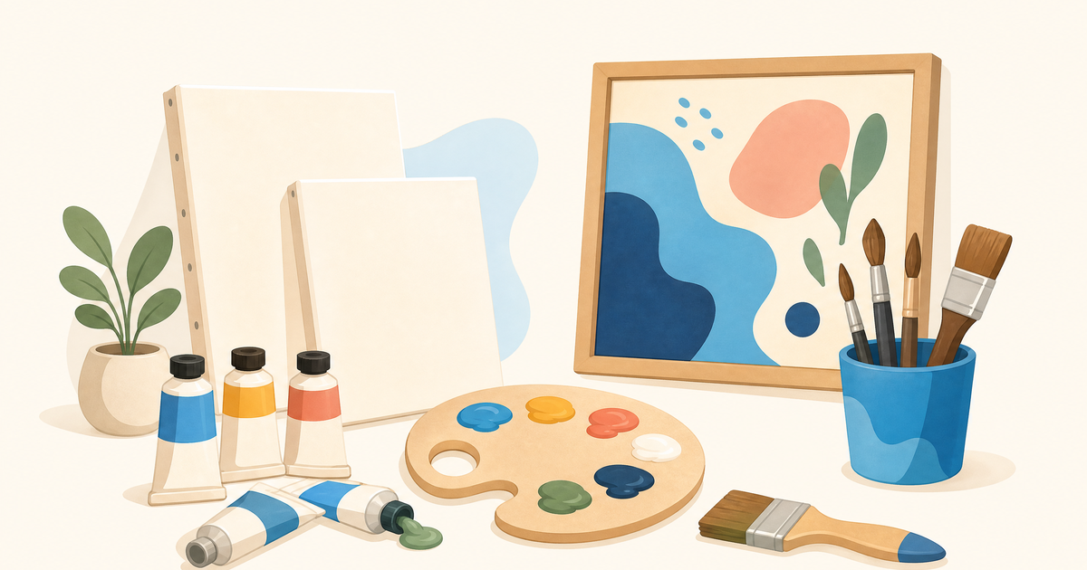 Illustration d’un budget de peinture avec toiles, pinceaux, pigments et accrochage