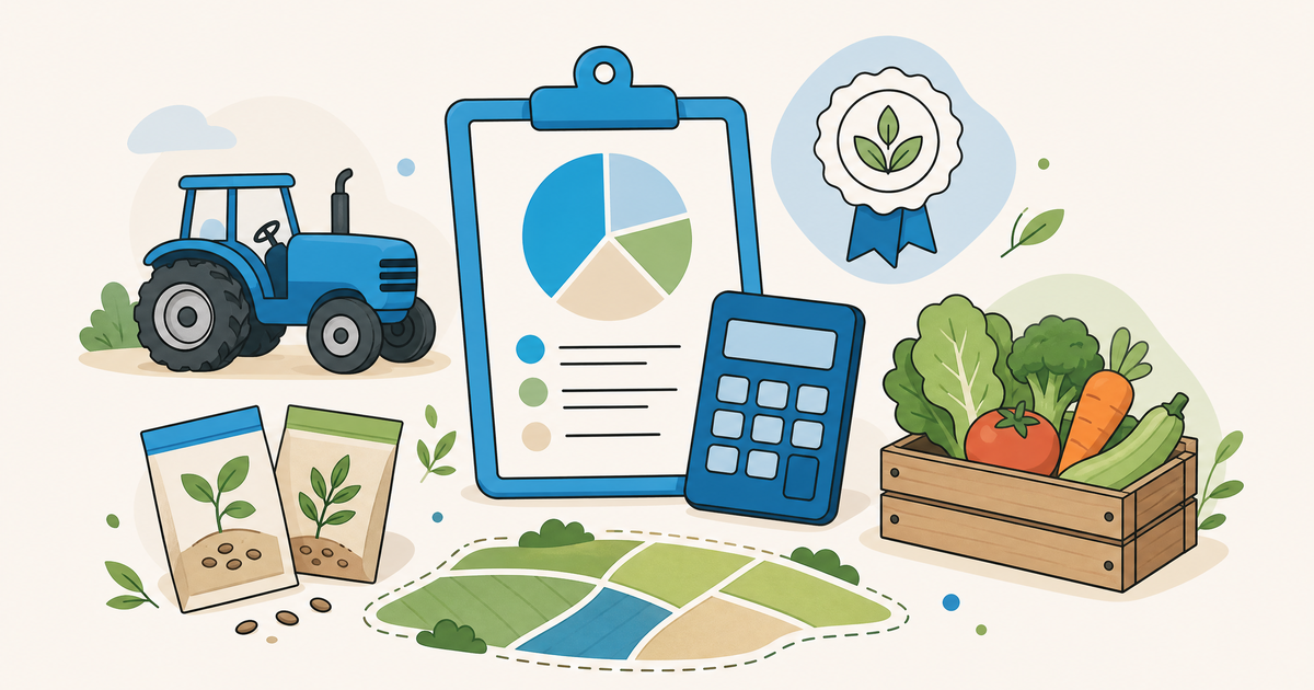 Illustration d’un budget d’agriculture biologique avec légumes, plants, outils agricoles et postes de financement