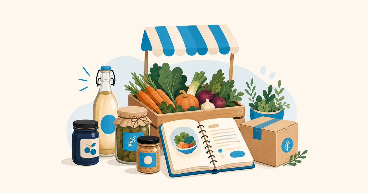 Illustration d’un budget de cuisine locale et de terroir avec produits frais, équipement de cuisine et postes de financement