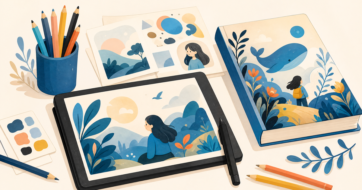 Illustration d’un budget de projet d’illustration avec carnet, tablette graphique, crayons, tirages et supports imprimés.