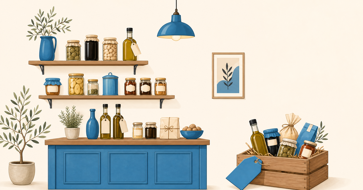 Illustration d’un budget d’épicerie fine avec étagères de produits, caisse, colis et postes de financement